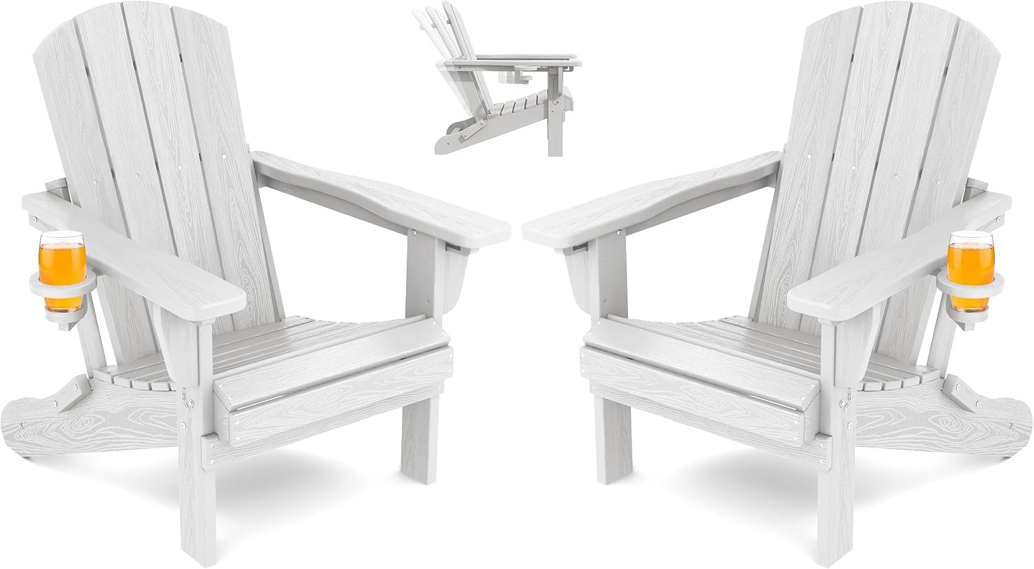 SERWALL Folding Adjustable Adirondack Chairs Set of 2, Cup Holders, White | Adirondack Chair with 3 Recline Positions, All Weather HDPE Outdoor Adirondack Fire Pit Chairs for Balcony Porch Deck Garden