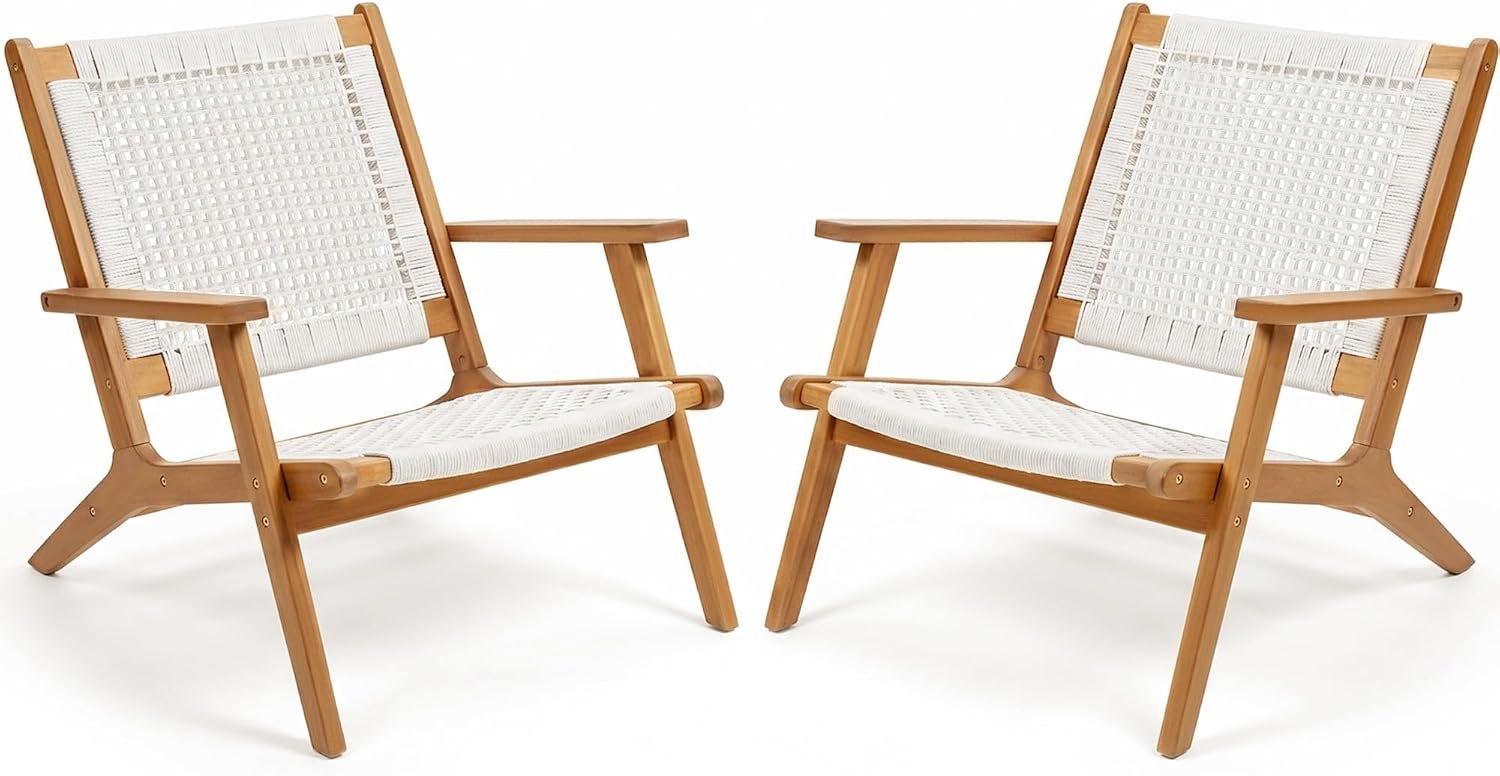 Devoko Patio Chairs, Adirondack Chairs Set of 2 Outdoor Chairs (Beige) | Acacia Wood 2-Piece Outdoor Chairs, Beige Woven Rope for Adirondack Chairs for Porch, Poolside, Garden