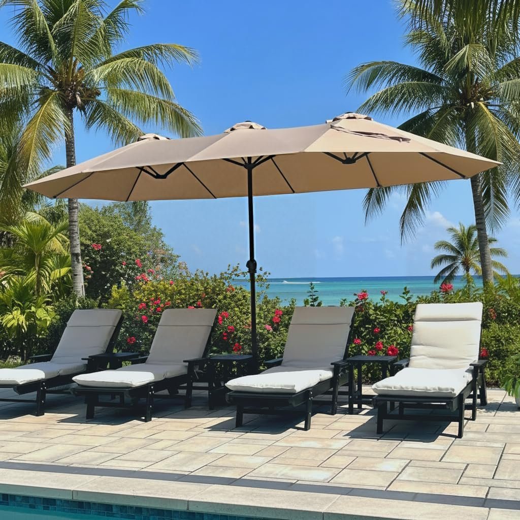PHI VILLA 15ft Large Outdoor Patio Umbrella with Base Included, Beige | Big Rectangle/Rectangular Market Table Umbrellas w/Stand, Double-Sised Giant Triple Head for Poolside Backyard, UV Resistant