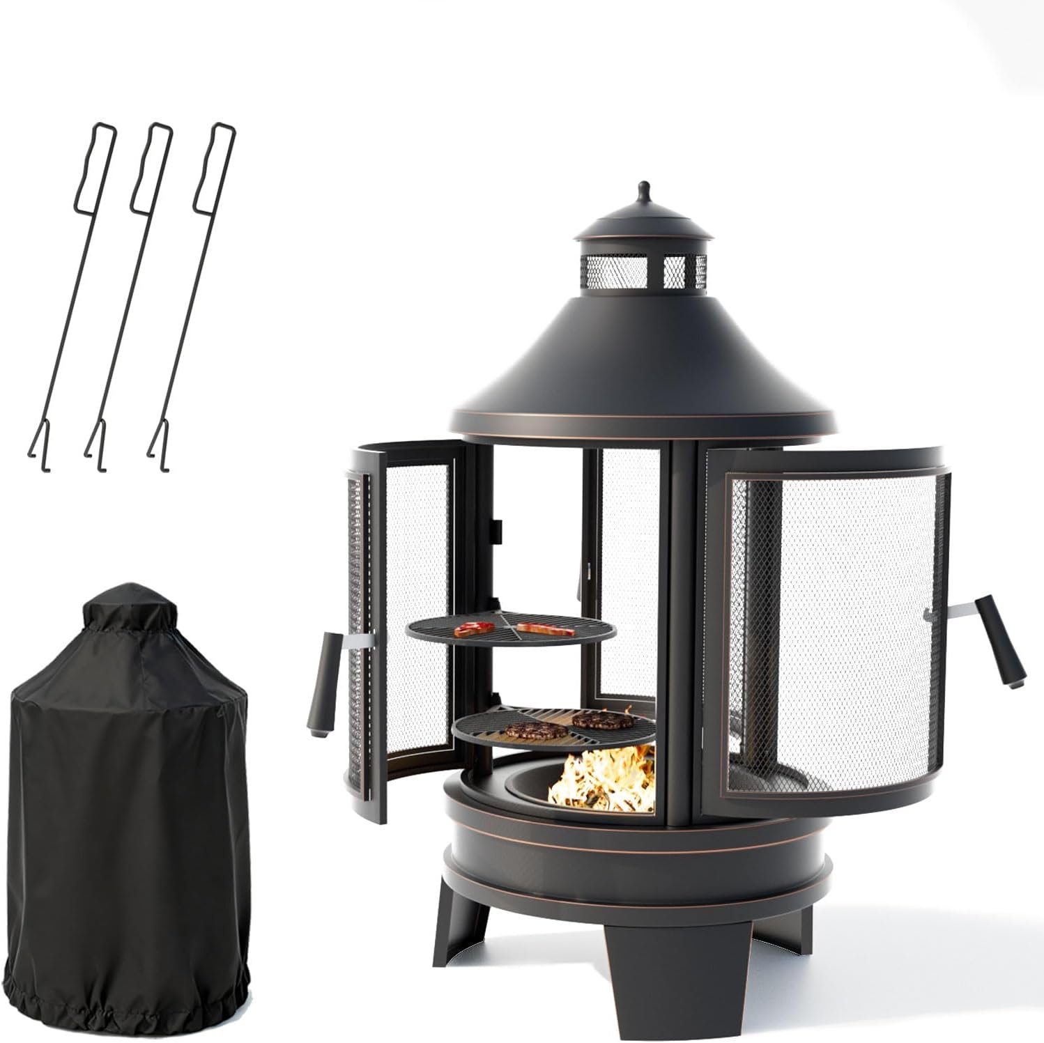 Gotland 2 in 1 Metal Chimenea with Grill, Outdoor Fire Pit with Adjustable Grill Tray 3-Door Design Spark Screen Door, Chiminea Outdoor Fireplace, Wood Stove for BBQ, Patio, Garden, Backyard