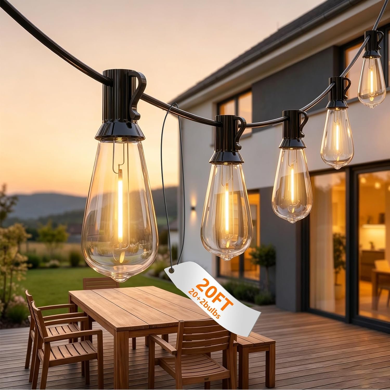 Oviejo 20Ft LED Outdoor String Lights with 22 ST40 LED Shatterproof Bulbs | Waterproof Edison Patio String Lights for Outside Deck Camp Backyard Pergola Party, E17 Base, 2700K Dimmable