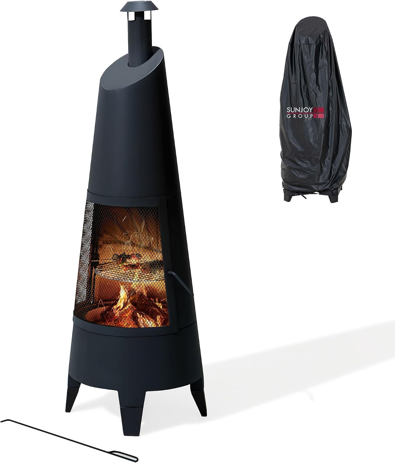 SUNJOY 2-in-1 Chiminea Fire Pit & Grill, 57″ Tall Outdoor Fireplace with Removable Stainless Steel Grill Grate, Spark Screen & PVC Cover for Patio, Backyard, Cooking – Black
