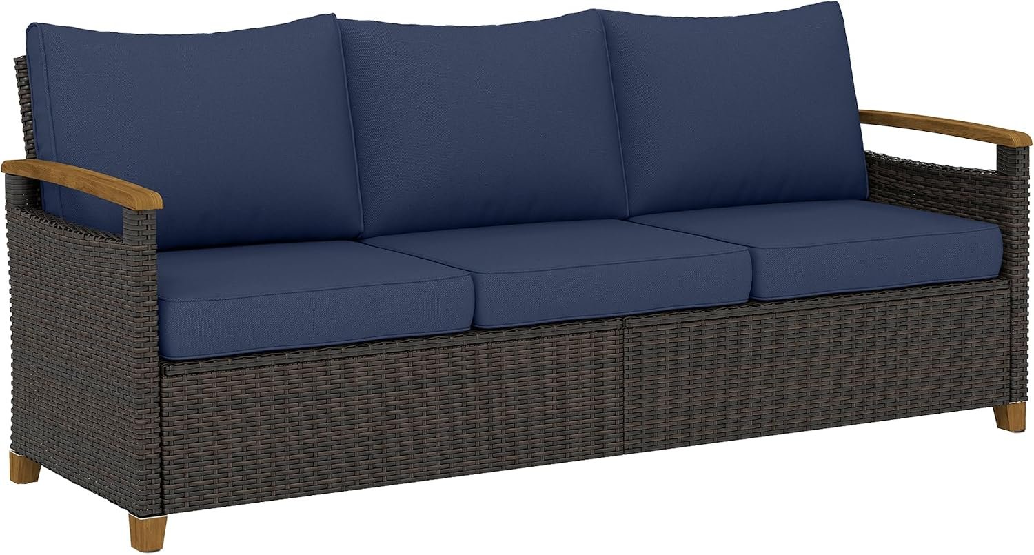 Outsunny 3 Seater Outdoor Couch Sofa PE Wicker 4″ Foam Cushions Dark Blue | Wide Deep Seating, Wood-Effect Armrests and Legs, Patio Couch, Patio Sofa Furniture, Garden Backyard Porch