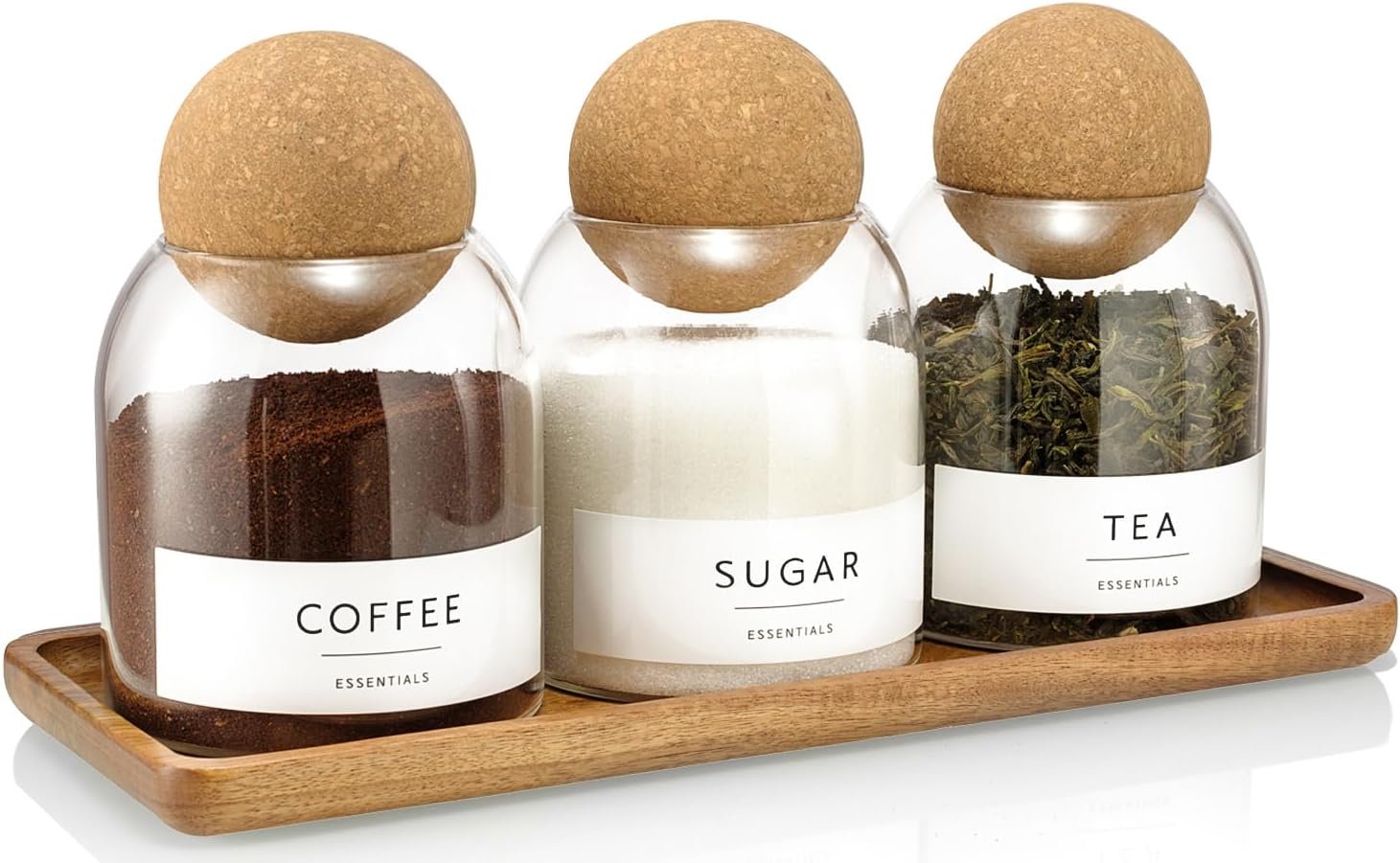 3 Pack Glass Jars with Cork Ball Lids, 17oz Tea Coffee Sugar Container Set | Decorative Coffee and Sugar Jars, Glass Coffee Bar Containers with Acacia Tray, Small Glass Storage Jars, Sugar Holder