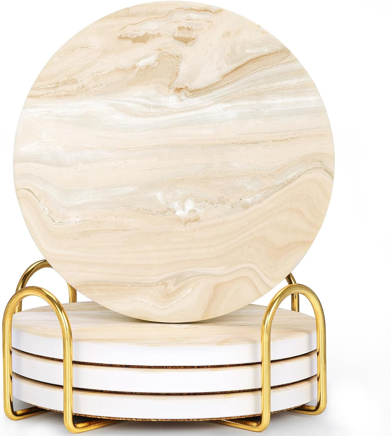 Absorbent Ceramic Coasters Set of 4, Modern Marble Style Drink Coasters | 4 Inch Stone Cup Coaster Set Home Decor with Metal Holder for Kitchen, Living Room, House Warming Gifts, Gold, Round
