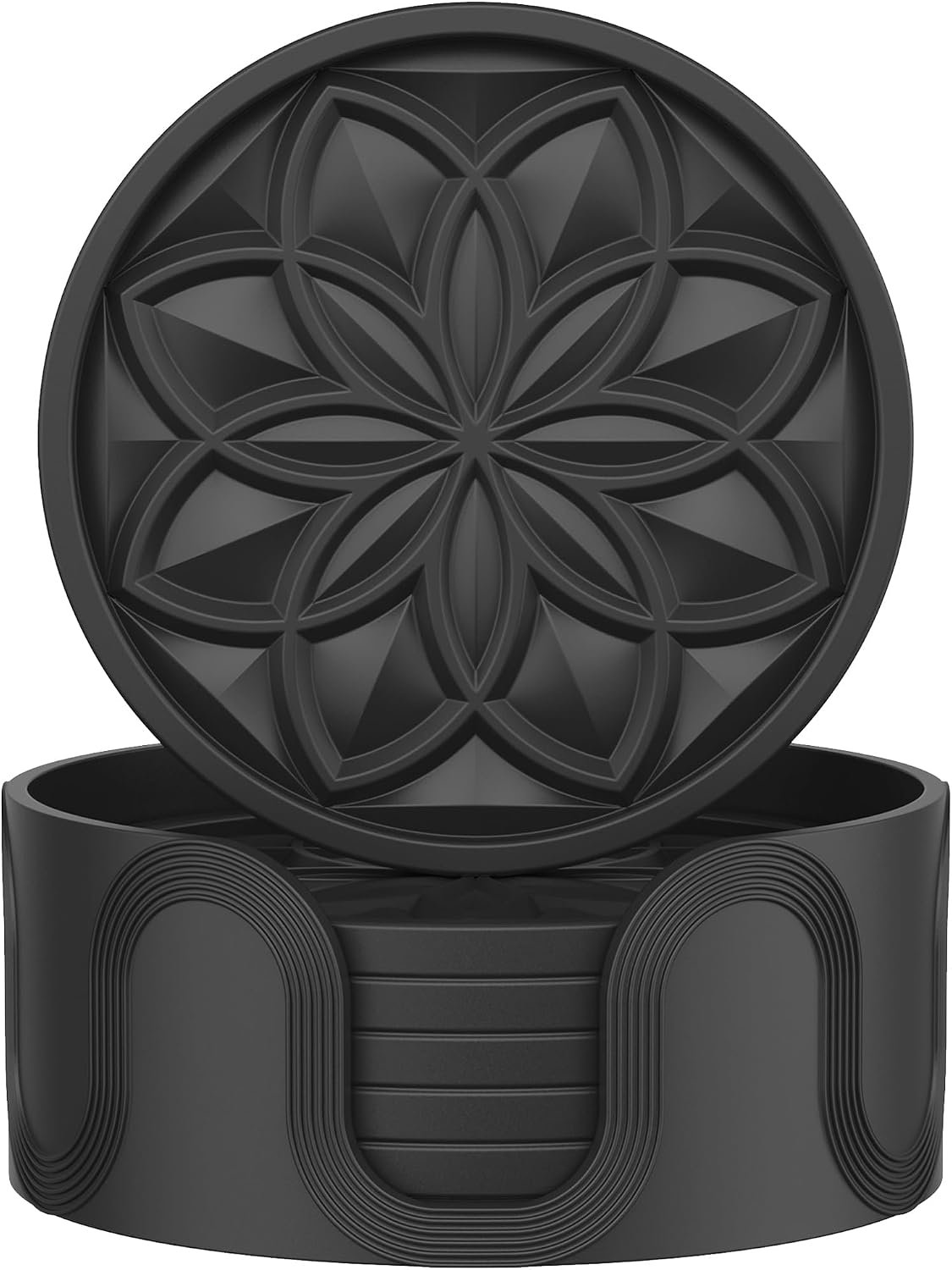 HFHOME Silicone Coasters Set with Holder – 6 Pack Drink Coasters for Coffee Table, Bar, Desk – Tabletop Protection Gift – Black