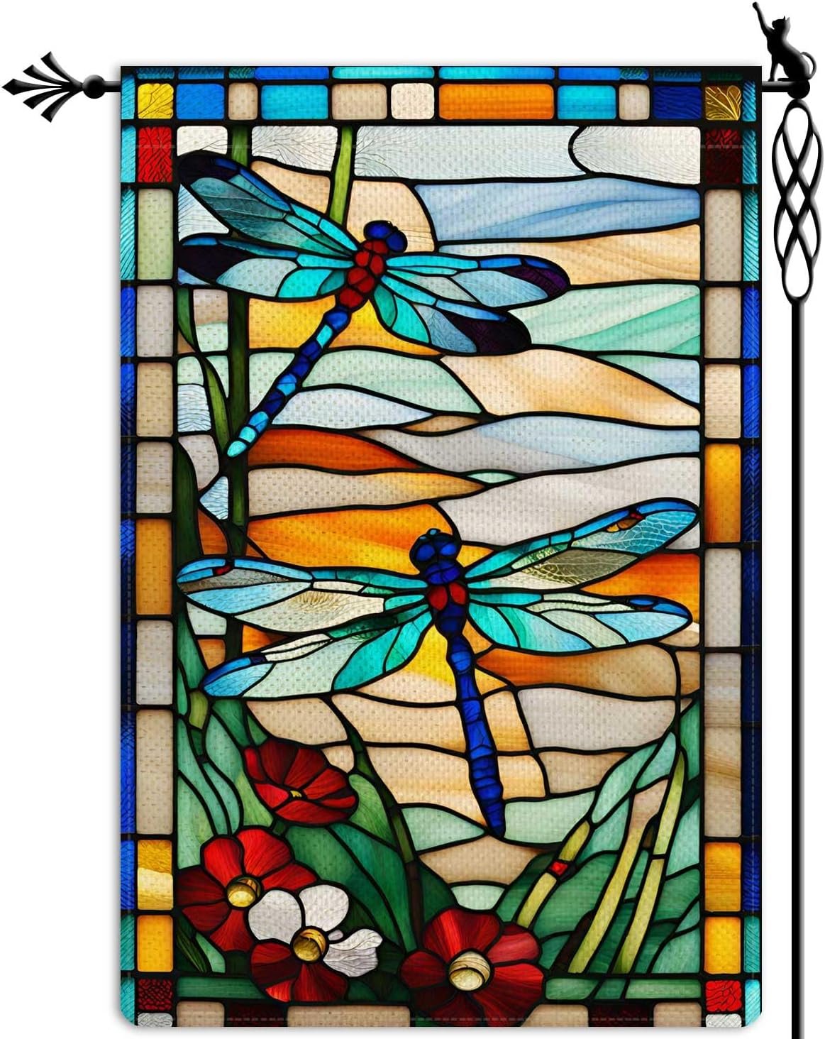 Spring Summer Dragonfly Garden Flag Glass Style Flowers Garden Flag Vertical Double Sided Rustic Farmland Burlap Yard Lawn Outdoor Decor 12.5×18″