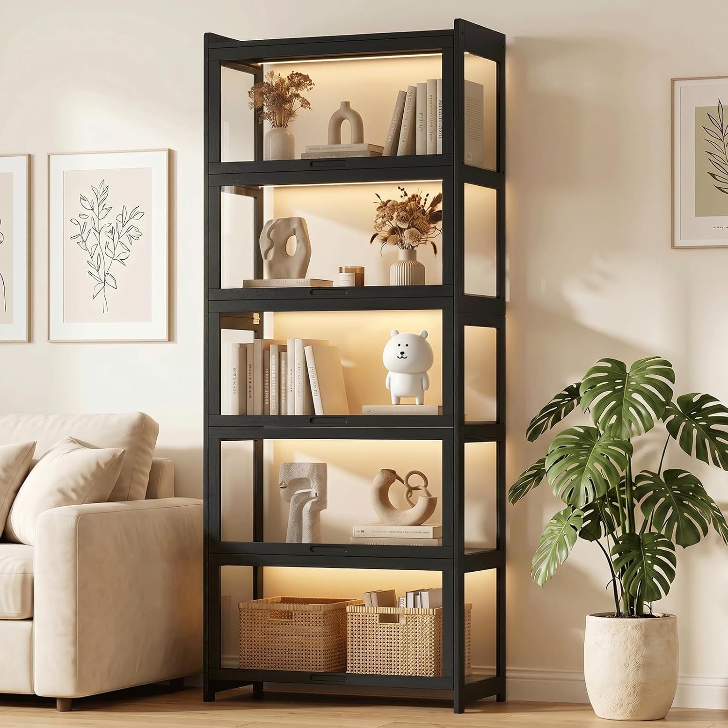 Magshion Display Cabinet with Acrylic Doors, 67.5″ Tall, Balck | Full 4-Side Transparent Display Case, 5 Tier Curio Cabinet for Collectibles, Books, Figures, Storage Cabinet for Bedroom