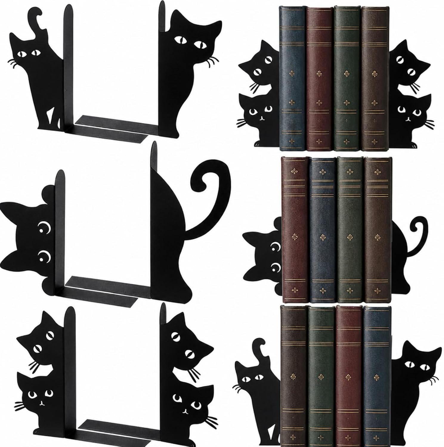 Flutesan 6pcs Black Cat Metal Bookends Cute Cats Bookends for Shelves, Bookshelf Decorative Home Office Desk, Bookstore, Bookshelf Decor Cat and Reading Lovers Gift