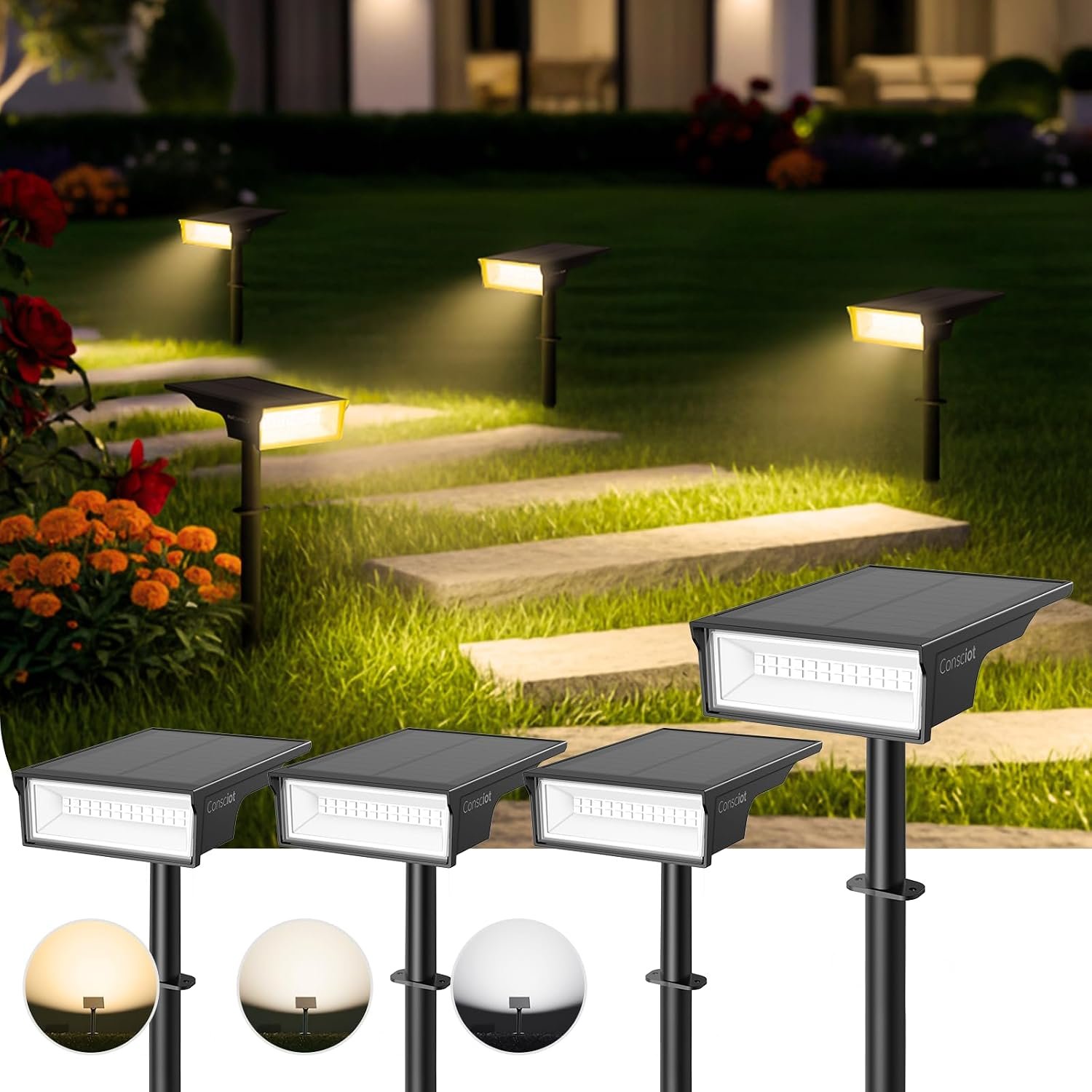 Consciot Solar Lights Outdoor Waterproof, 3 Color Solar Garden Light, Adjustable 170° Spot Lights for Outside Yard Landscape Lighting Pathway Halloween, IP65, Auto On/Off, 4 Pack, WS002UCW