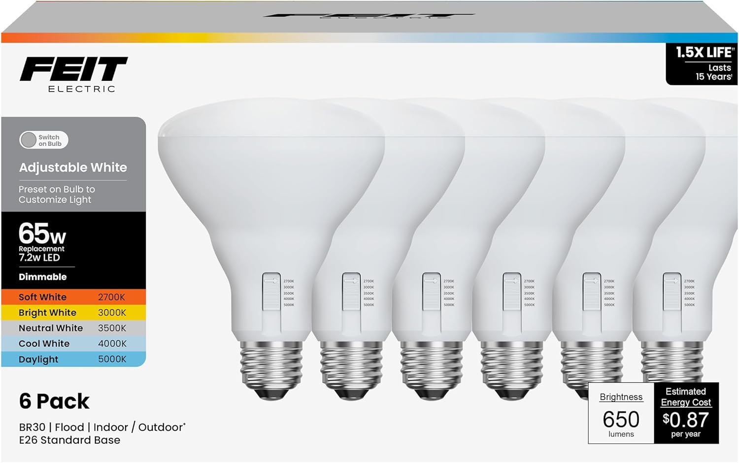 Feit Electric BR30 LED Light Bulbs, 65W Eq, Dimmable, 5CCT, 6 Pack | E26 Base, 2700K – 5000K, 650 Lumens, CRI 90+, 15 Year Life, for Recessed Cans, Wide Flood Beam