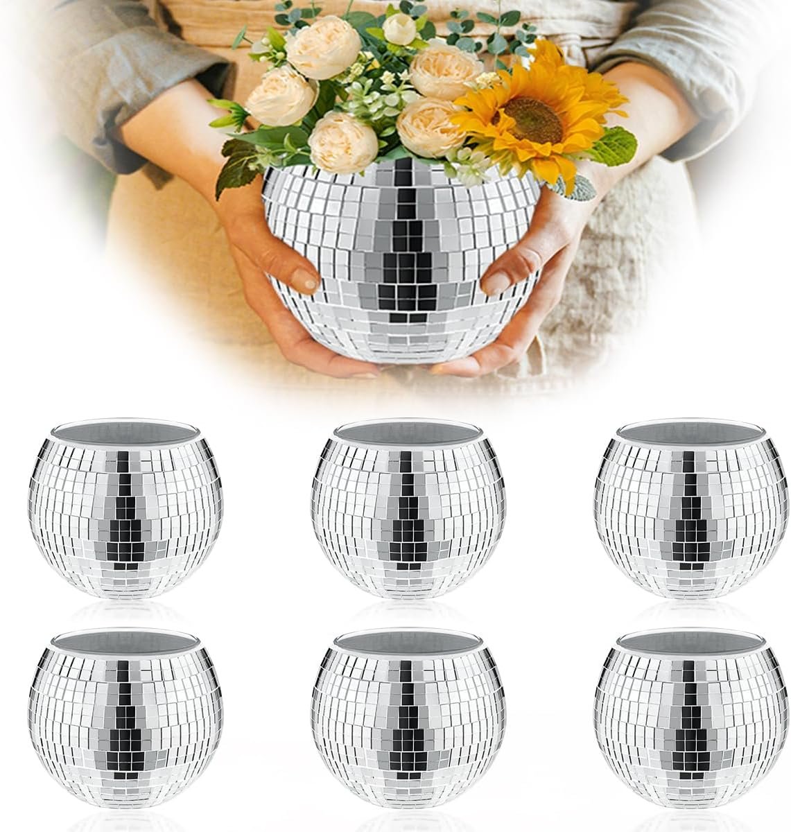 6 Pcs Disco Vase, Silver Mirror Ball Disco Ball Planter 5″ X 6″ Glass Silver Candle Holder White Vases for Centerpieces Table Decorations Party Wedding Birthday Gift