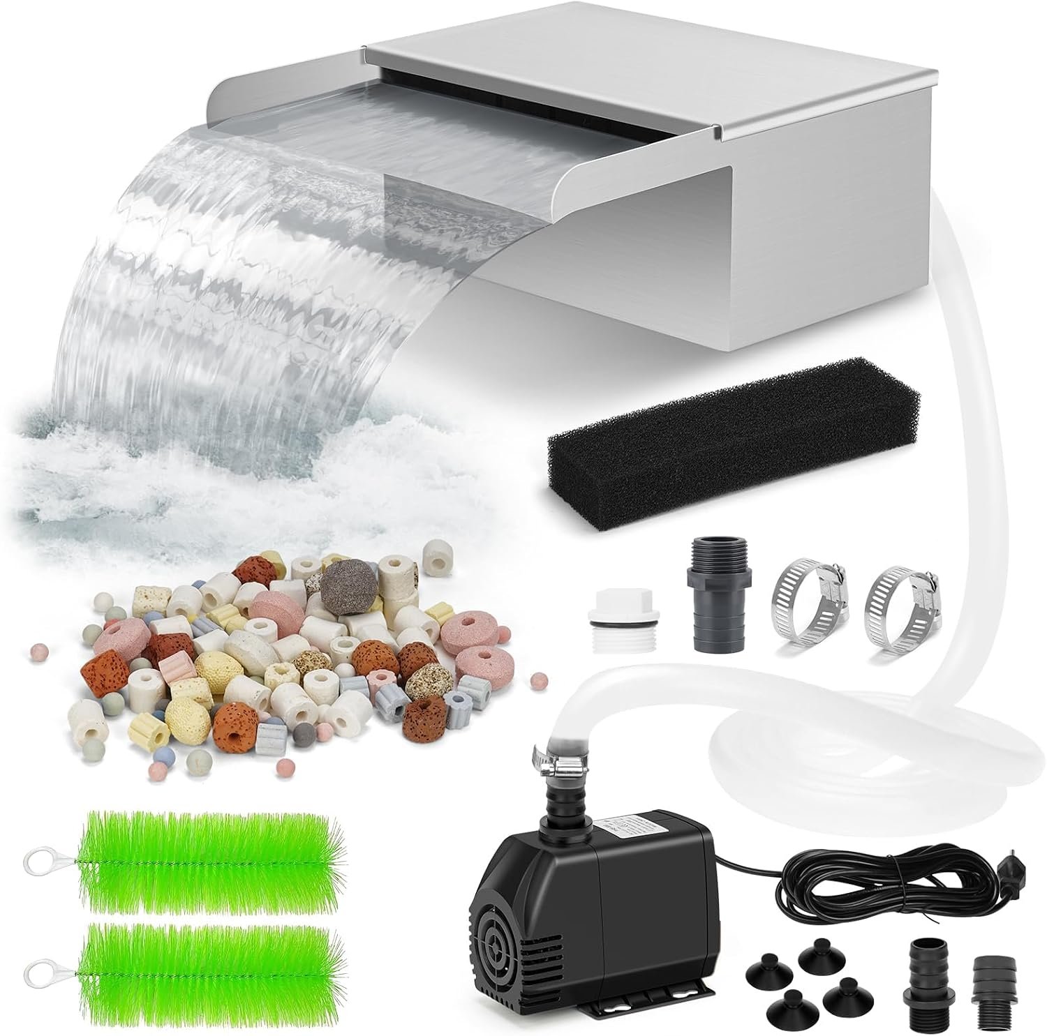 Pond Waterfall Spillway with Filter and Pump Kit – 304 Stainless Steel Ponds Waterfall Box,800 GPH Pump,9.8FT Oxford Hose,Garden Water Features