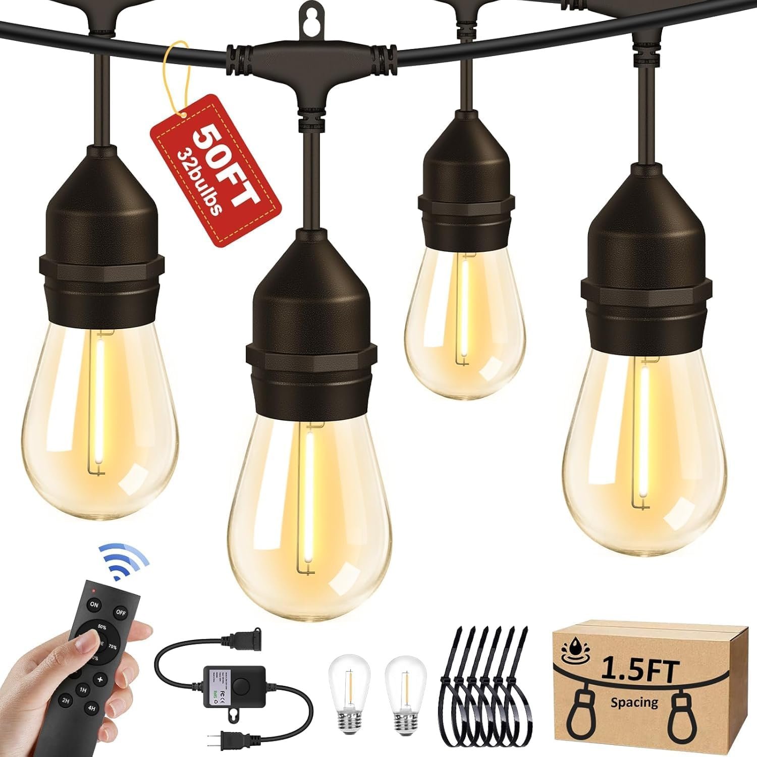 50FT Outdoor String Lights 32Bulbs (1.5FT Bulbs Spacing),120W Dimmer Remote | Patio Lights with IP65 Waterproof, Dimmable & Timing & 3 Mode, Connectable, Zipper Ties for Outside Commercial Backyard