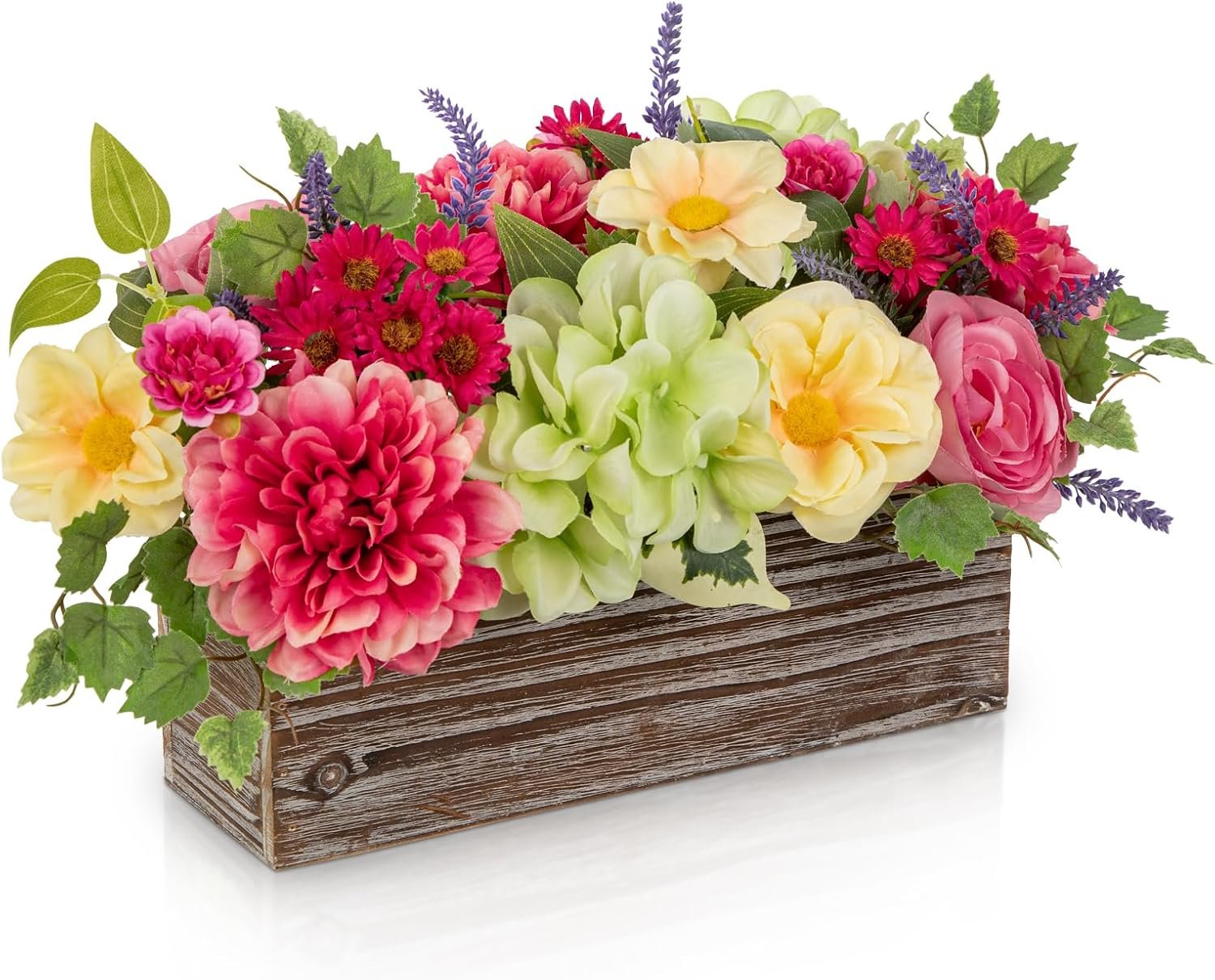 Briful Spring Faux Floral Table Centerpiece with Rustic Wooden Planter Box, Artificial Flower Arrangement with Silk Dahlias, Roses & Hydrangea for Home Kitchen Wedding Dining Room Table Decor