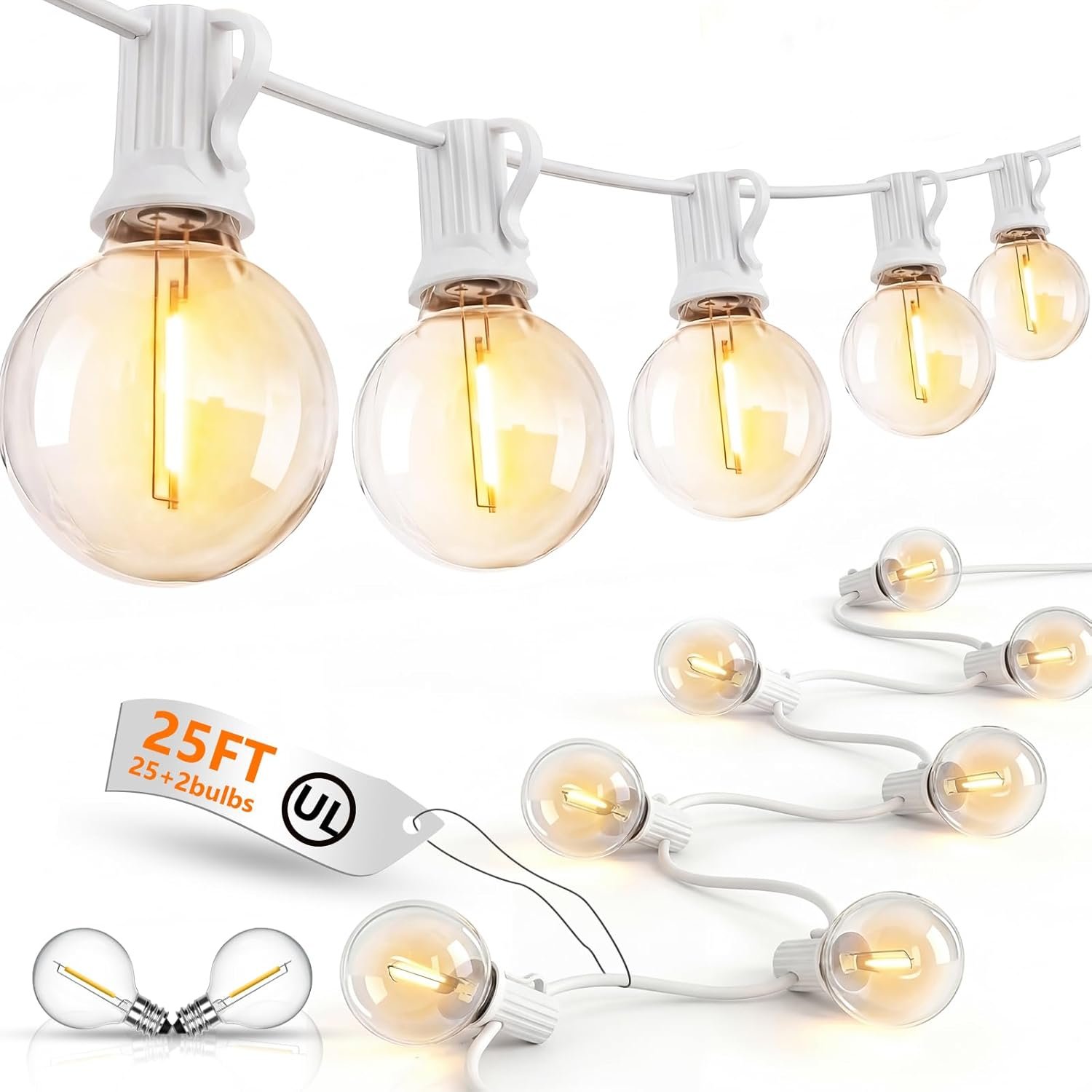 25Ft G40 LED White Outdoor String Lights with 27 Shatterproof Globe Bulbs | IP65 Waterproof Patio Lights Plug In, 2700K Warm White, Connectable Hanging Outdoor Lights for Backyard Wedding Party Bistro