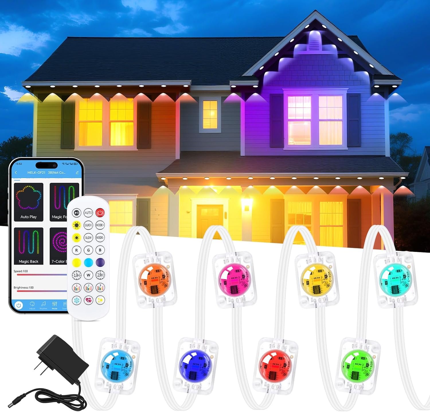 KISUFU 200FT RGB+IC Permanent Outdoor Lights, 24V Year-Round Roof & Eaves Lighting with 221 Modes, App & Remote Control, IP68 Waterproof, Smart Outside Lights for Holidays