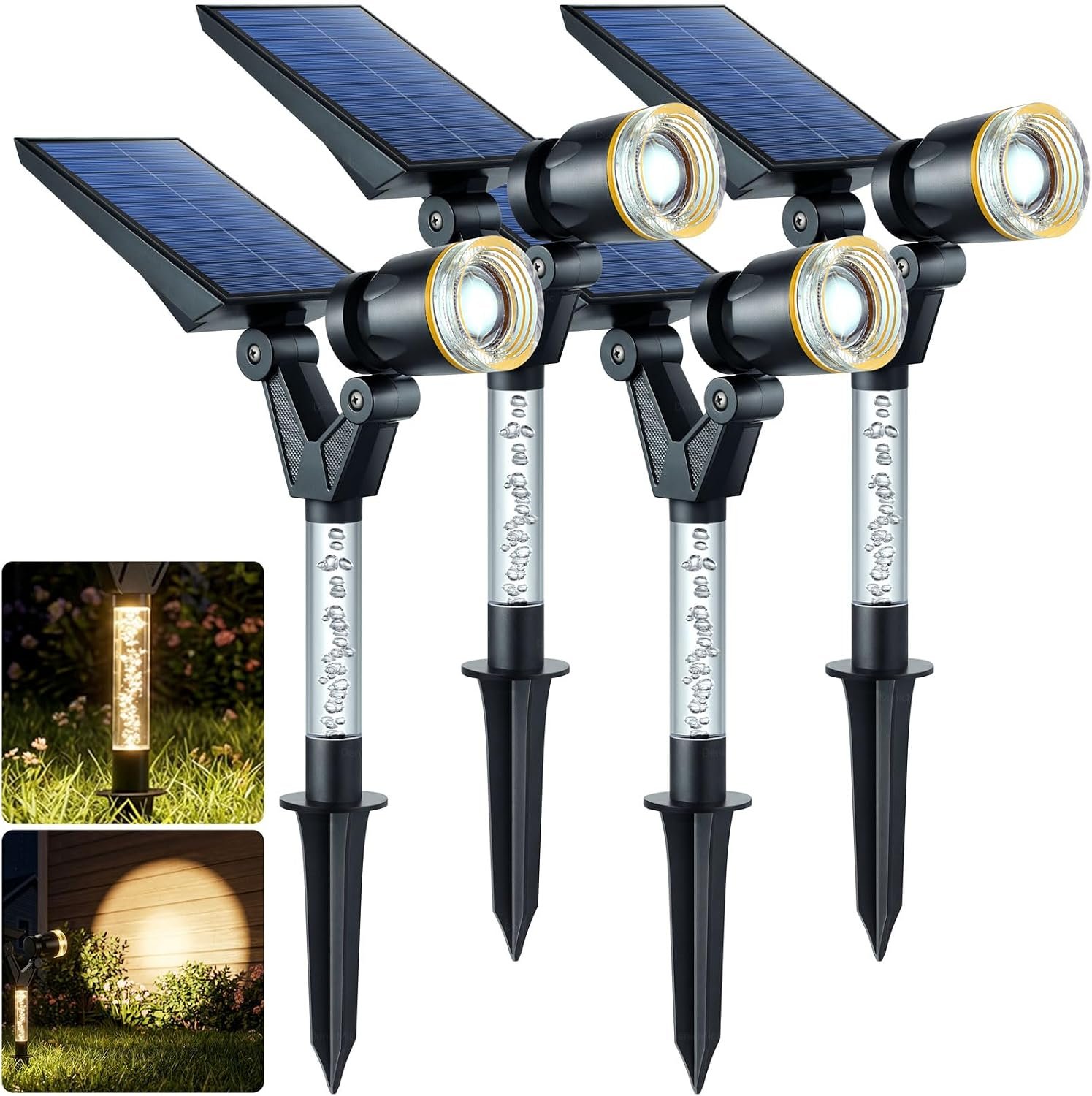 DenicMic Solar Spot Lights Outdoor Waterproof 3000K Lens LED Spotlights | Adjustable Angel Long Range Solar Lights Outdoor for Yard Garden Patio Wall Tree Landscape, Acrylic Lighted Pole, 4 Pack