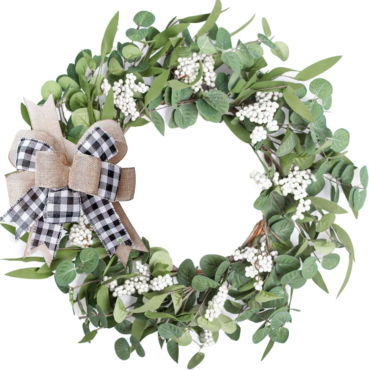 Artificial Eucalyptus Wreath for Front Door 20″ Green Leaf Wreath | for Window Home Porch Farmhouse Patio and Garden Indoor Outdoor Decor with Bow for Spring Summer Fall Winter