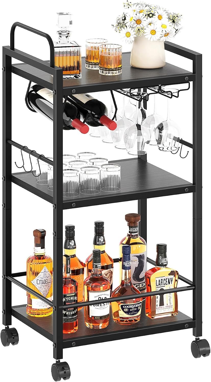 Bar Cart for The Home, 3 Tier Kitchen Carts with Wheels, Small Rolling Cart with Glass Holders, Wine Rack, Mini Bar Cart for Kitchen, Dining Room, Living Room, 13.0″ D x 17.0″ W x 33.8″ H, Black