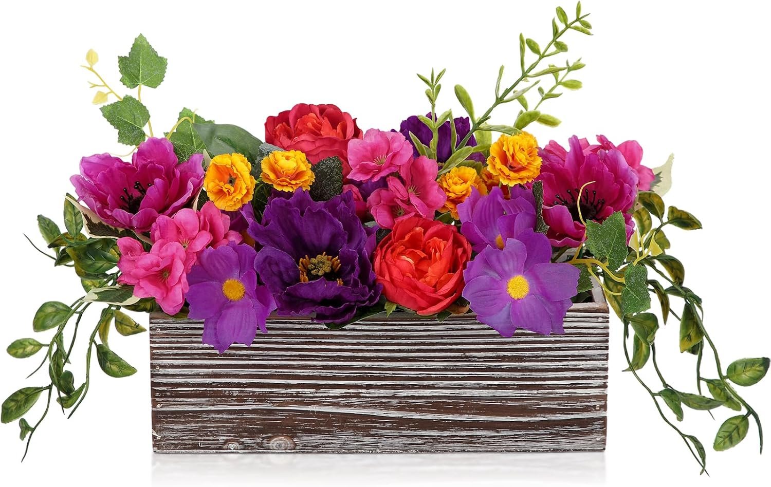 Flower Arrangement with Wooden Vase 10″ Artificial Flowers in Pot – Fake Flowers in White Rectangular Wooden Vase Potted Faux Flower Centerpieces for Table Decor Living Room – Purple