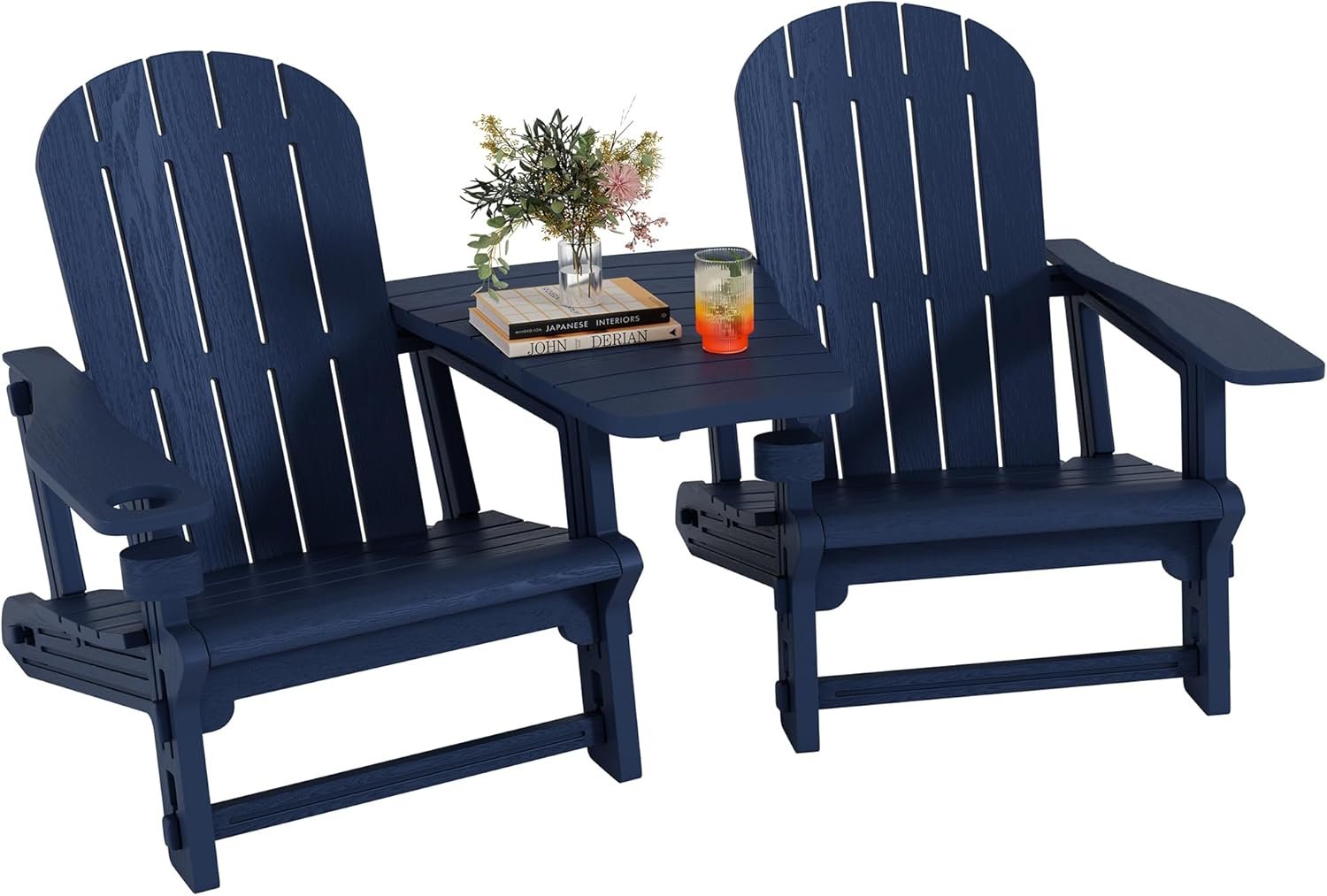 Shintenchi Adirondack Chairs Set of 2,HDPE Adirondack Chair w/Removable Tablelop & Umbrella Hole,All-Weather Wooden Textured Plastic Outdoor Chairs w/Cup Holder for Garden Backyard Pool,Dark Blue