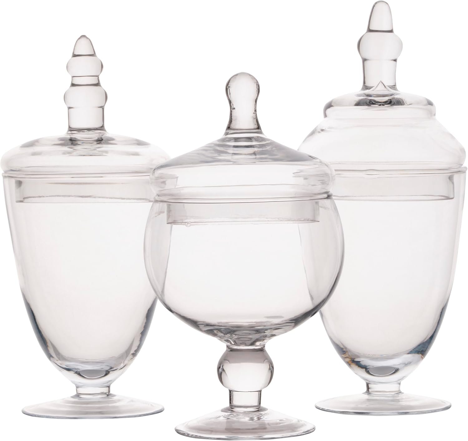 Elements Clear Glass Apothecary Jar Set of 3 with Lids – Decorative Glass Jars for Bathroom, Kitchen, Pantry Storage – Handcrafted, Graduated Heights 10, 9.5, 8.5 In