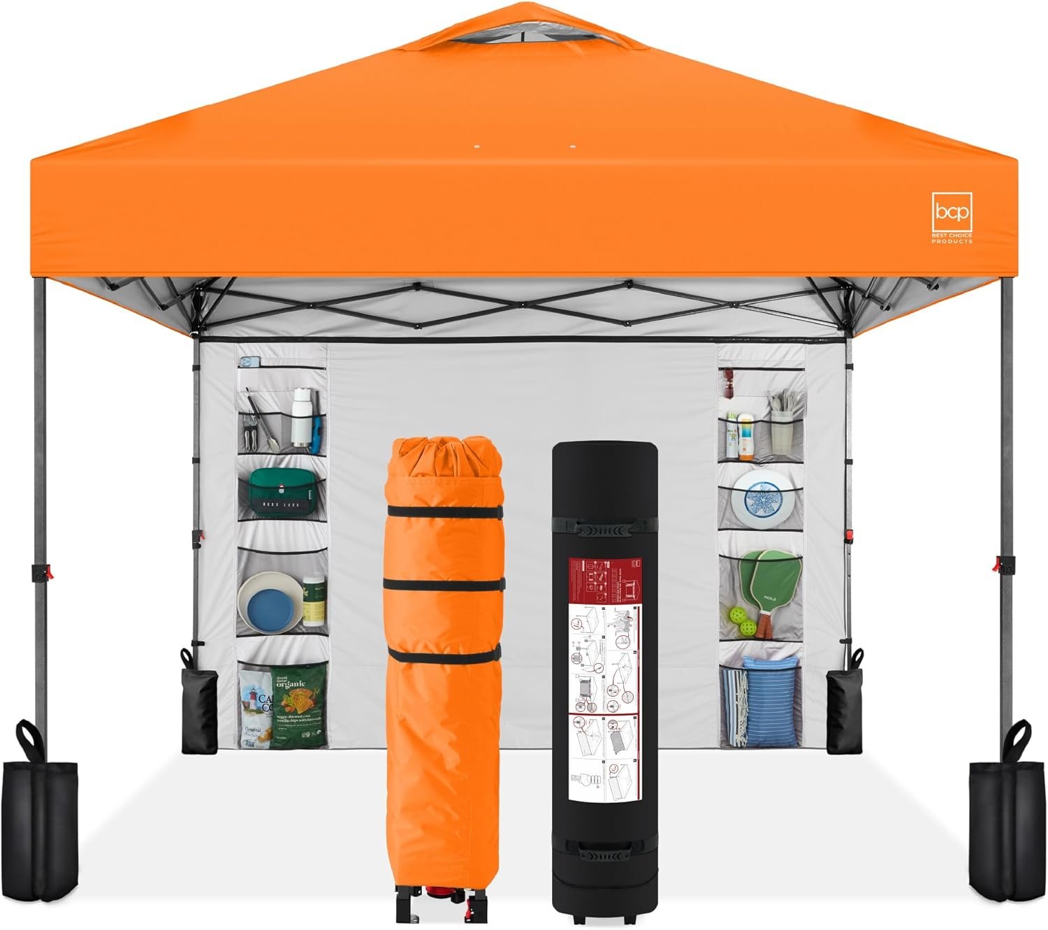 Best Choice Products 10x10ft Pop Up Canopy Tent with Sidewall, 1 Person 1 Minute Set Up, Carry Case, 4 Weight Bags – Orange