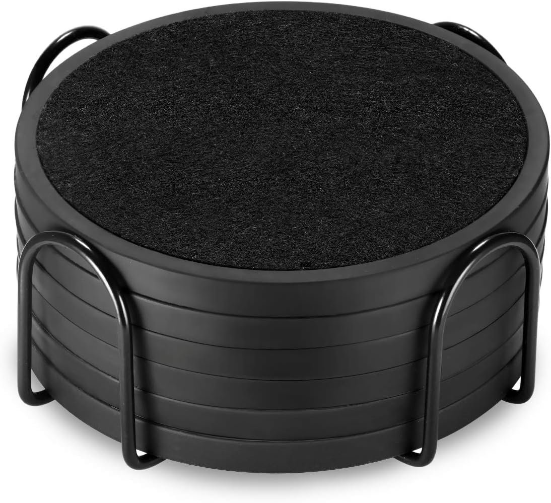 Absorbent Coasters for Drinks with Holder – 6packs, Silicone Coaster with Soft Felt Insert, Black (Coasters with Holder, Black)