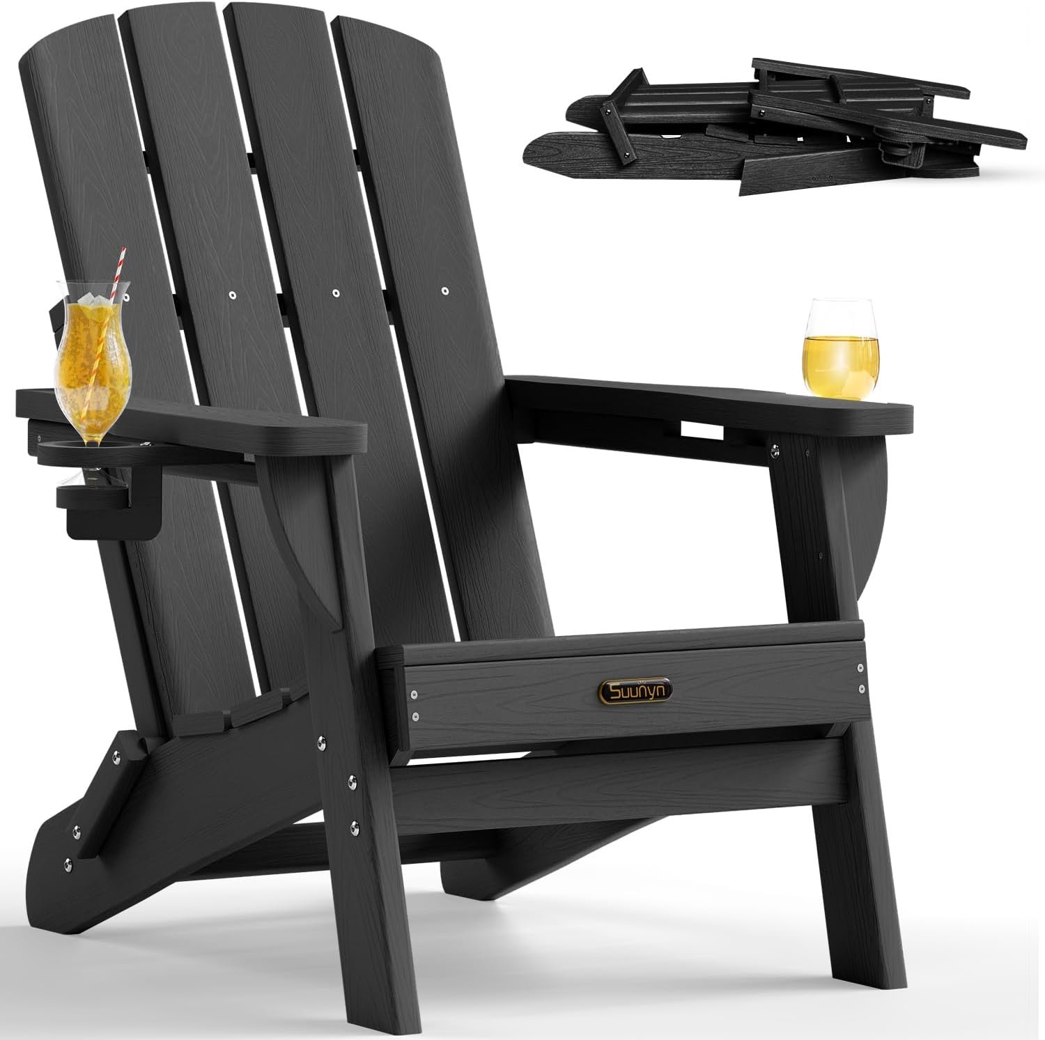 Folding Adirondack Chair, HDPE Adirondack Chairs with 2 Cup Holder, Plastic All-Weather Fire Pit Chairs, Outdoor Lawn Chair for Patio Garden (Black)