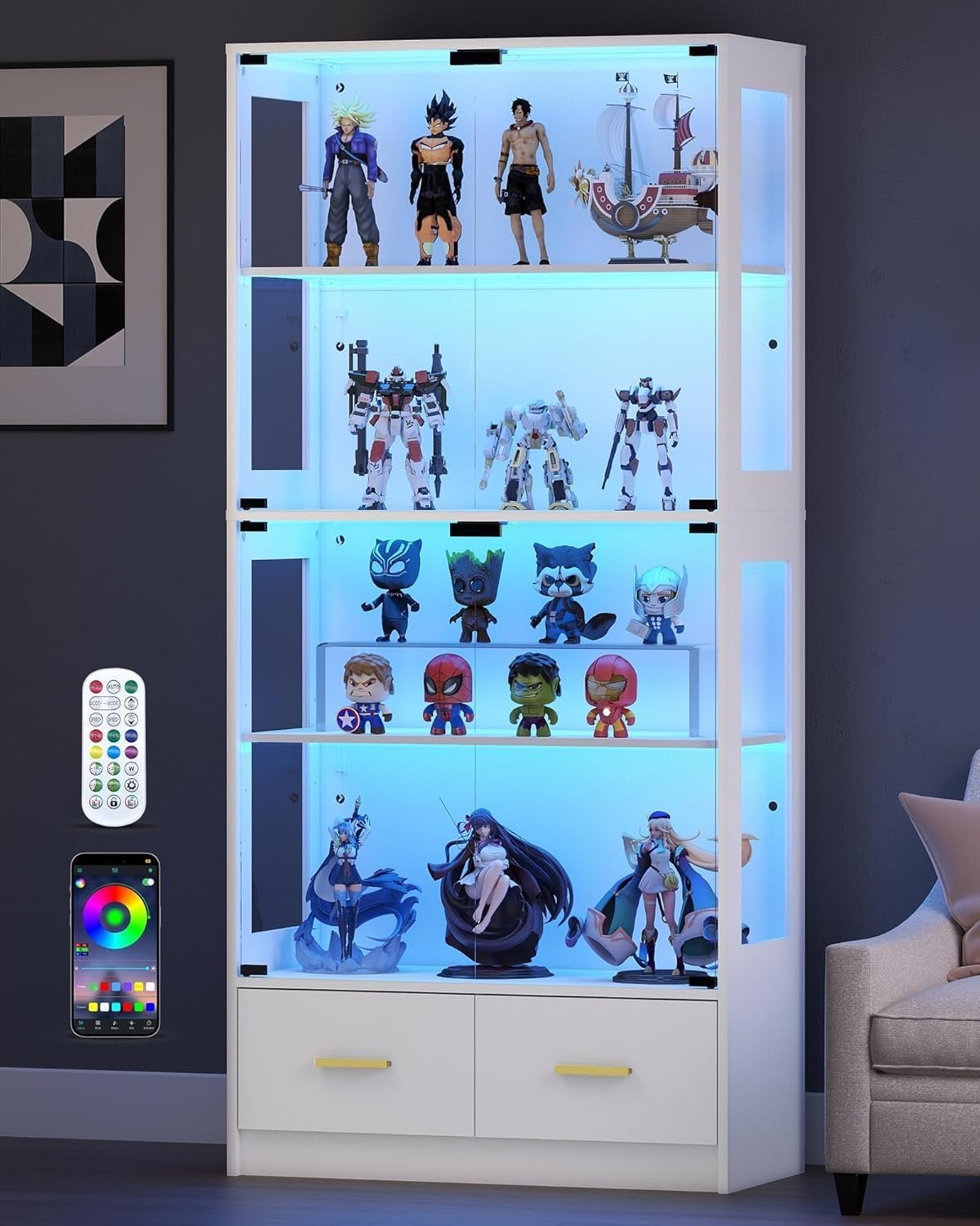 67″ Display Cabinet with Glass Doors and 2 Drawers | White | RGB LED Lights, Pop-Up Glass Doors, Adjustable Shelves, Anti-Tip Design