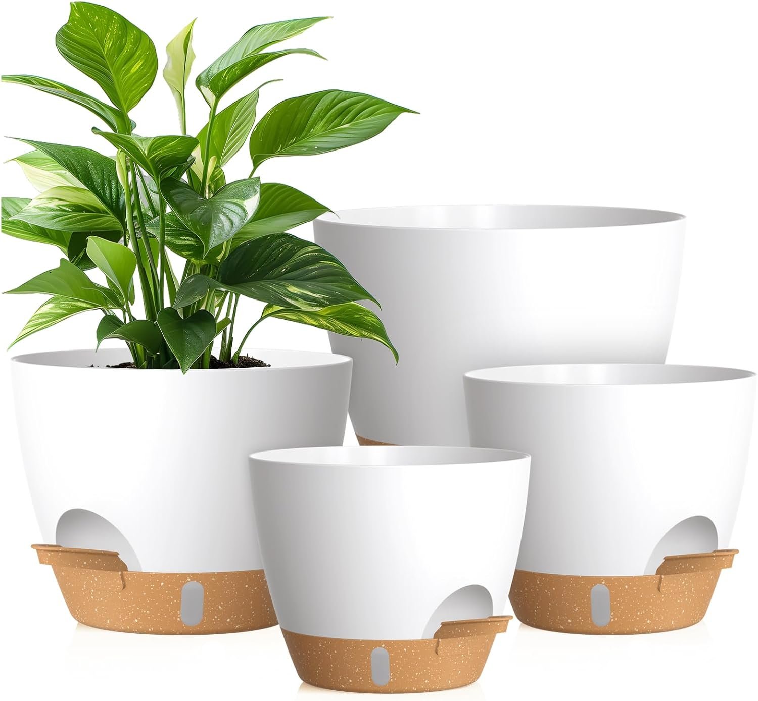 Plant Pots, 4 Pack 12/10/9/8 Inch Self Watering Pots with Drainage Holes, Water Level Indicator Deep Reservoir, Large Planters for Indoor Outdoor Plants – White Brown