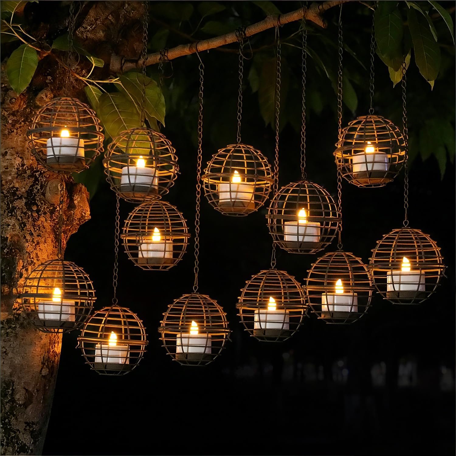 Large Solar Lights Outdoor Hanging Lanterns 12 Pack, Rustic Iron 4.3″ Ball Solar Tea Lights with Flickering Flame Candle, Waterproof Hanging Lights for Backyard Patio Garden Fence Tree Pergola Décor