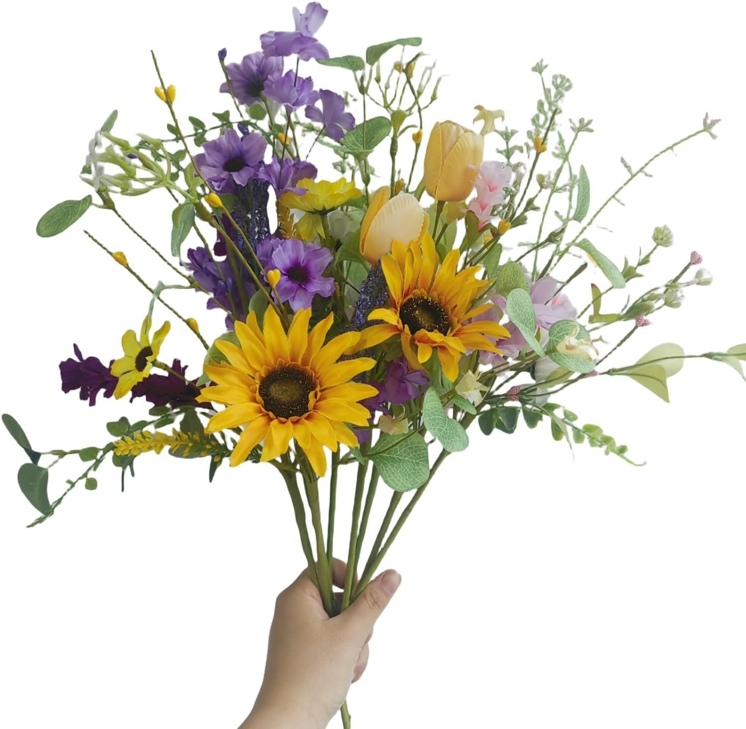 8 Bundles Artificial Wildflowers Bouquet Silk Daisy Sunflower Floral Stems | Faux wildflowers with bendable wire stems, fade-resistant. Perfect for table vases, home indoor, wedding & party decoration.