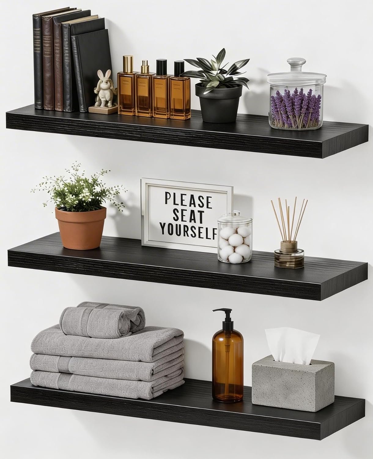 Easy Install 15.6 Inch Floating Wall Shelves Set of 3 Black | Wooden Wall-mounted Storage &Decor, Sturdy Hanging Over Toilet, For Farmhouse, Living Room, Kitchen, Office, Bathroom Corner