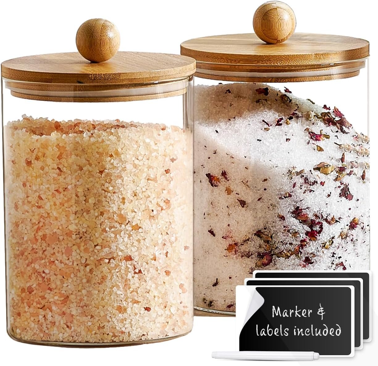 Le’raze Set of 2 Glass Canisters for Kitchen Counter with Airtight Bamboo Lids + Marker & Labels – 68oz. Large Cookie Jars Wooden Lid, Food Storage Containers Pantry, Flour, Sugar, Pasta, Candy.