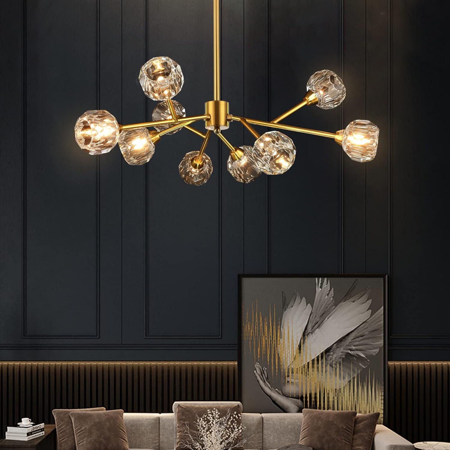 Weesalife Sputnik Chandeliers for Dining Room，9 Lights D30 Inch | Modern Gold Crystal Chandeliers Adjustable Height Brass Lighting Fixtures for Bedroom Kitchen Island Living Room G9 Base