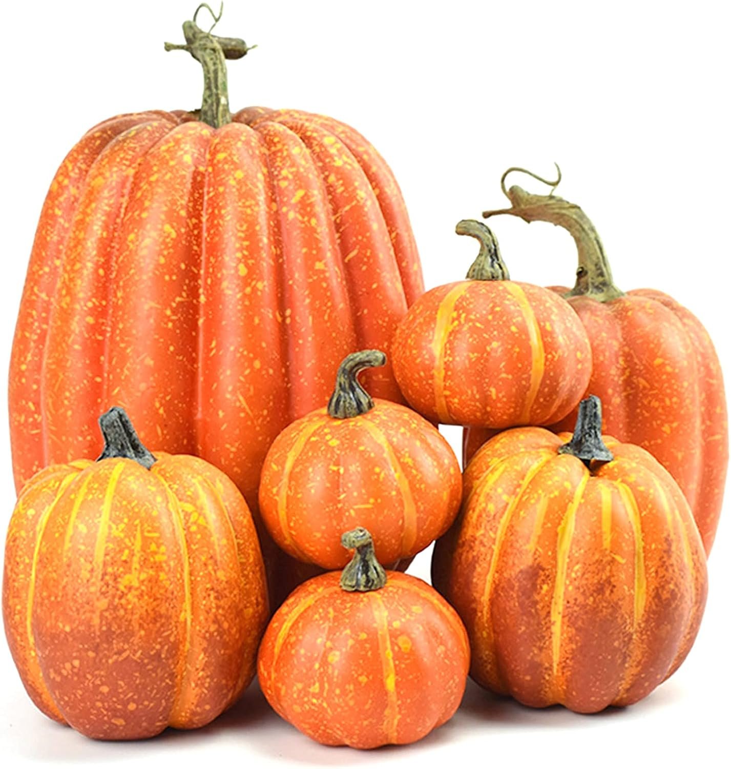 DSORVICD 7Pcs Fake Pumpkins Artificial Plastic Pumpkins Decorations Foam Pumpkins for Fall Halloween Home Decor (Orange, One Size)