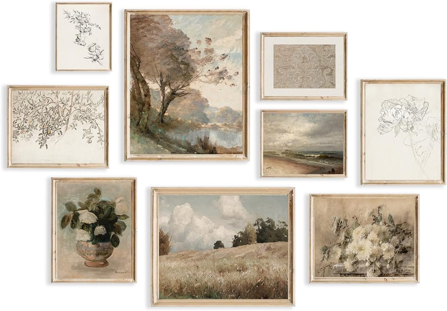 Vintage Wall Art Decor Rustic Wall Decor Aesthetic Farmhouse Wall Pictures Vase Flower Boho Canvas Wall Art Prints Netural Wall Art for Bedroom Living Room Nature Landscape Jasmine Tree Sea Grassland