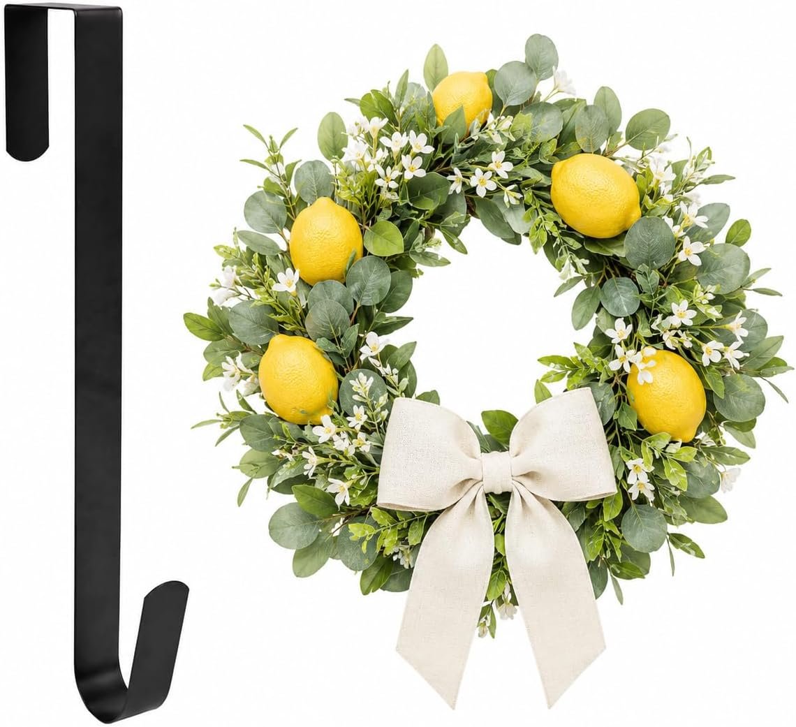Sattiyrch 12″ Front Door Wreath Hanger, Ultra Slim Metal Over Door Hook, Damage-Free Hanging for Seasonal & Year-Round Wreaths, Fits Most Doors, Black, 1 Pack