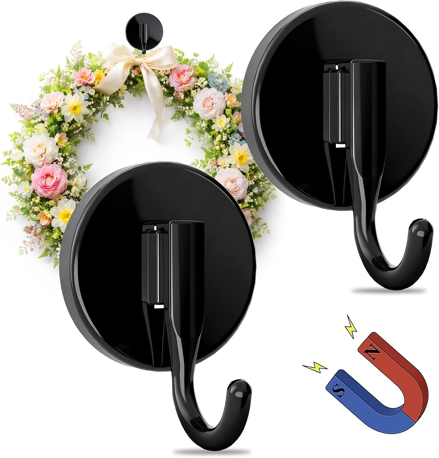 Magnetic Wreath Hangers for Front Door, 2-Pack Magnetic Wreath Hooks | Magnetic Wreath Holders for Metal Doors, No Drilling, No Adhesive, Indoor Outdoor Seasonal Decor, Reusable Holder, Black