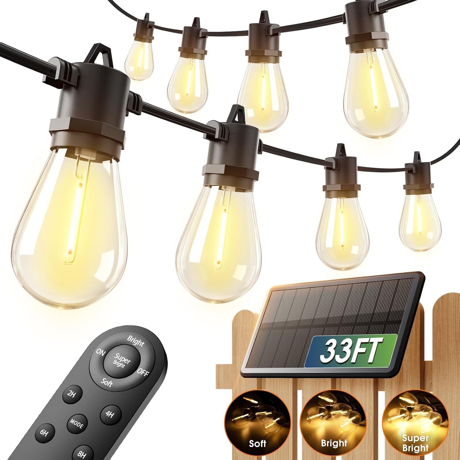 addlon 33FT(27+6) Solar String Lights Outdoor, Last 20+ Hrs, USB Charging | IP65 Waterproof. Dimmable Timer via Remote. Memory, 3 Modes, 2700K Warm White. Easy Install for Patio, Backyard, Porch.