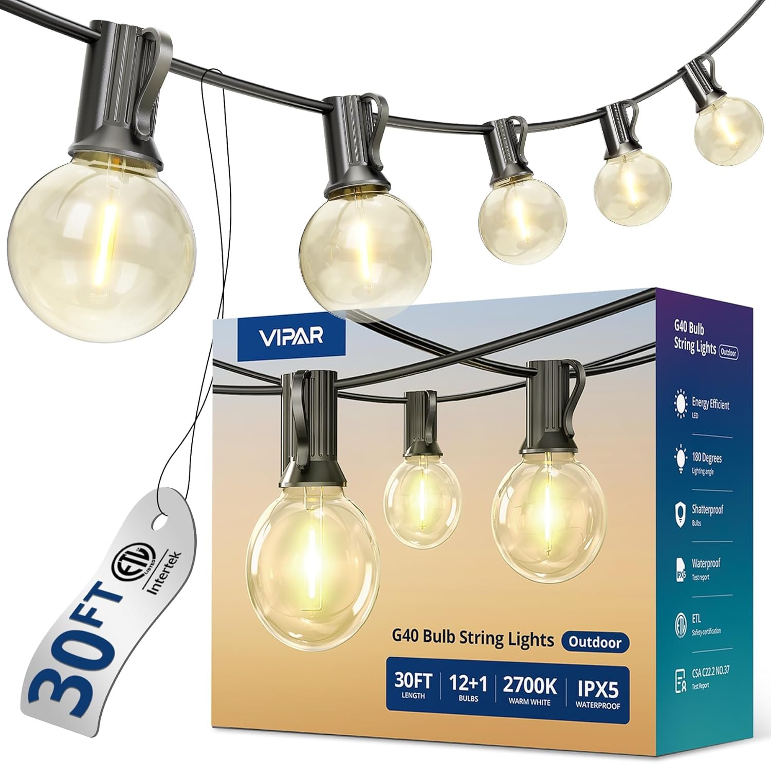 VIPAR Outdoor String Lights,30FT 13 G40 Patio Lights Waterproof for Balcony | ETL,Vintage LED Globe Bulbs,Connectable, Shatterproof,Waterproof,2700KDimmable,Plug-in,for Backyard Porch Garden Bistro