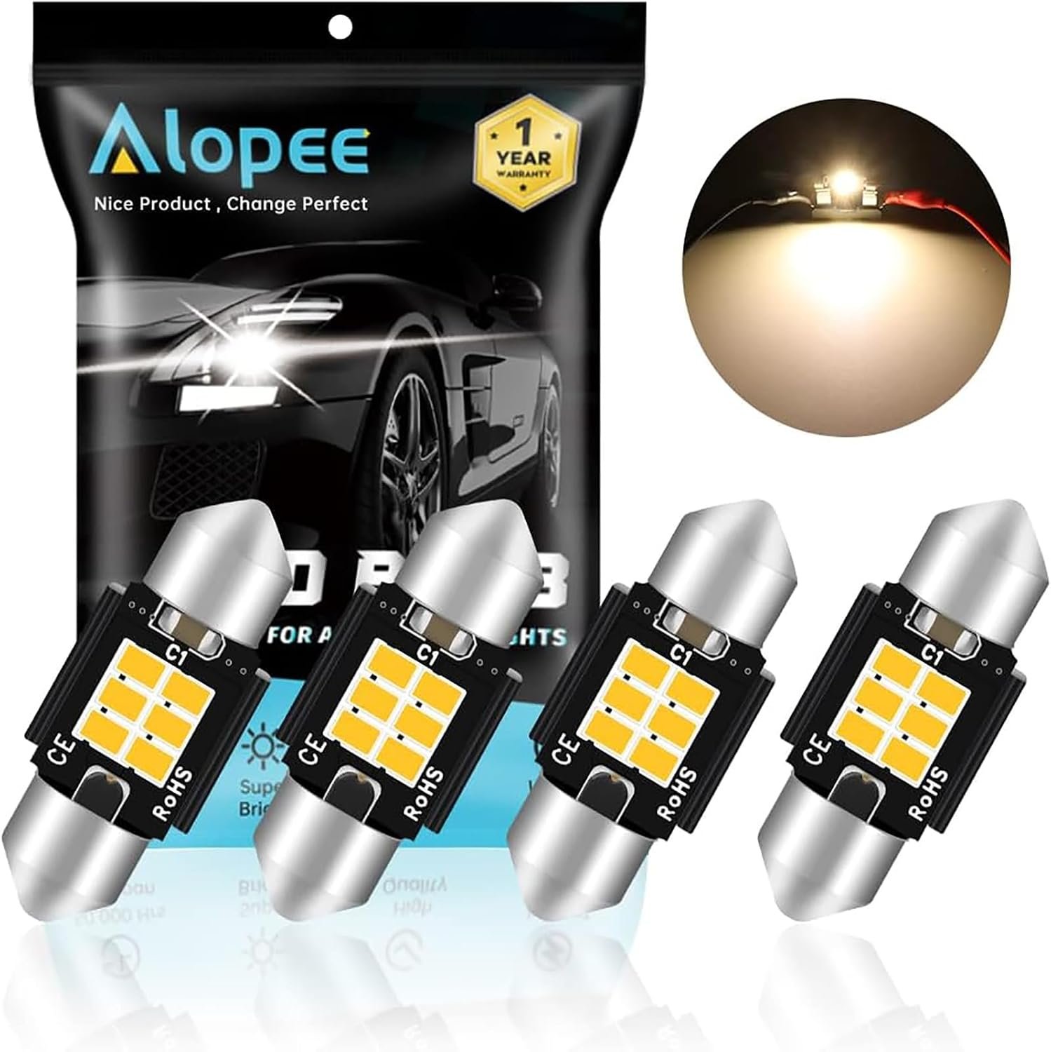4 Pack 31mm DE3022 Led Bulb Warm White for Car Interior | DE3175 Led Festoon Light Non-Polarity Canbus Error Free Dome Light for Car Map Door Trunk License Plate Lighting, 6SMD 3020