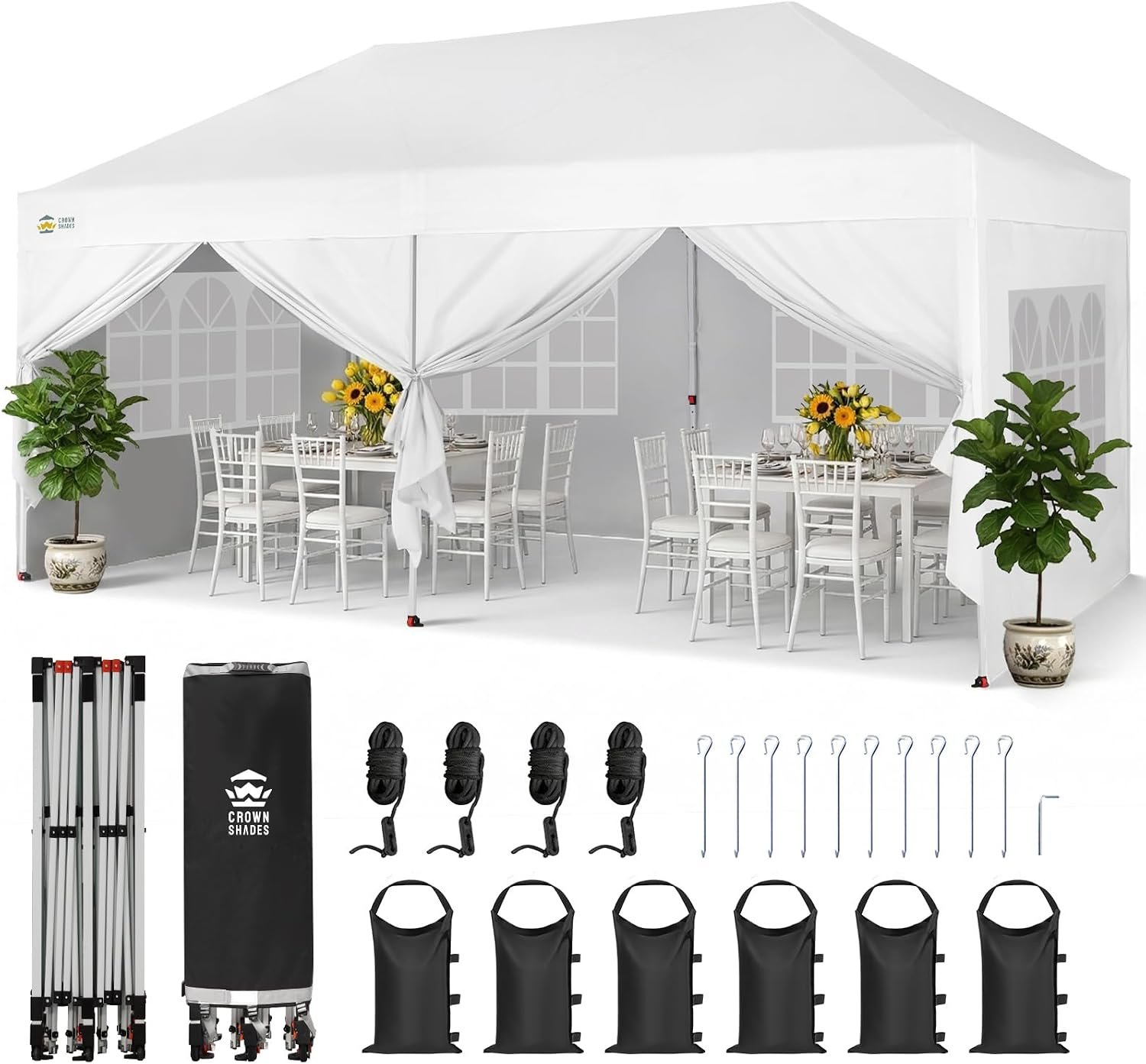 CROWN SHADES 10X20 Pop Up Canopy, Outdoor Commercial Canopy Tent, White | 400D PU Fabric, CENTERLOK, STO-N-GO Bag, with 6 Sand Bags