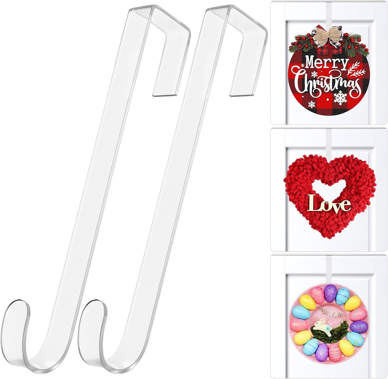 12 in Wreath-Hangers for Front Door, 2 Pack Clear Over The Door Hooks, | Door-Wreath-Hanger, Non-Scratch-Door-Hanger Hook for Easter Christmas Halloween Fall Wreath Decorations, Welcome Sign