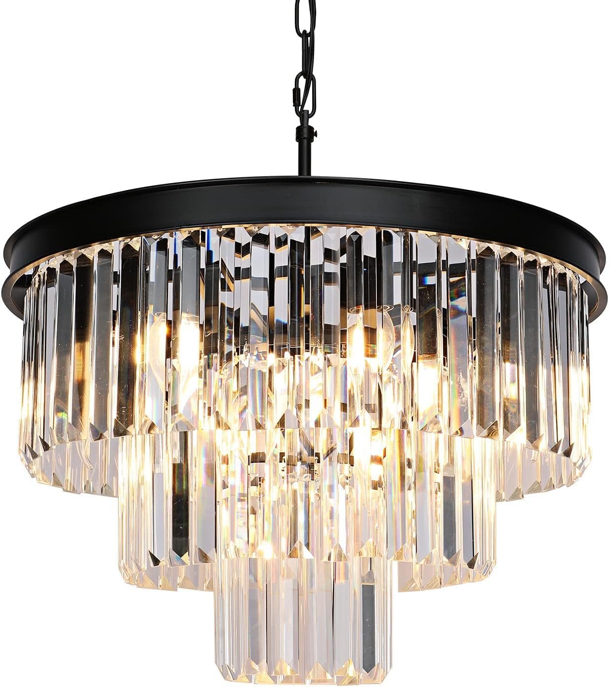 Weesalife Black Crystal Chandeliers for Dining Room，9-Lights D20 Inch | Modern Chandeliers for Bedroom，3-Tier Round Crystal Lighting Fixtures for Living Room Entryway Kitchen Island Foyer