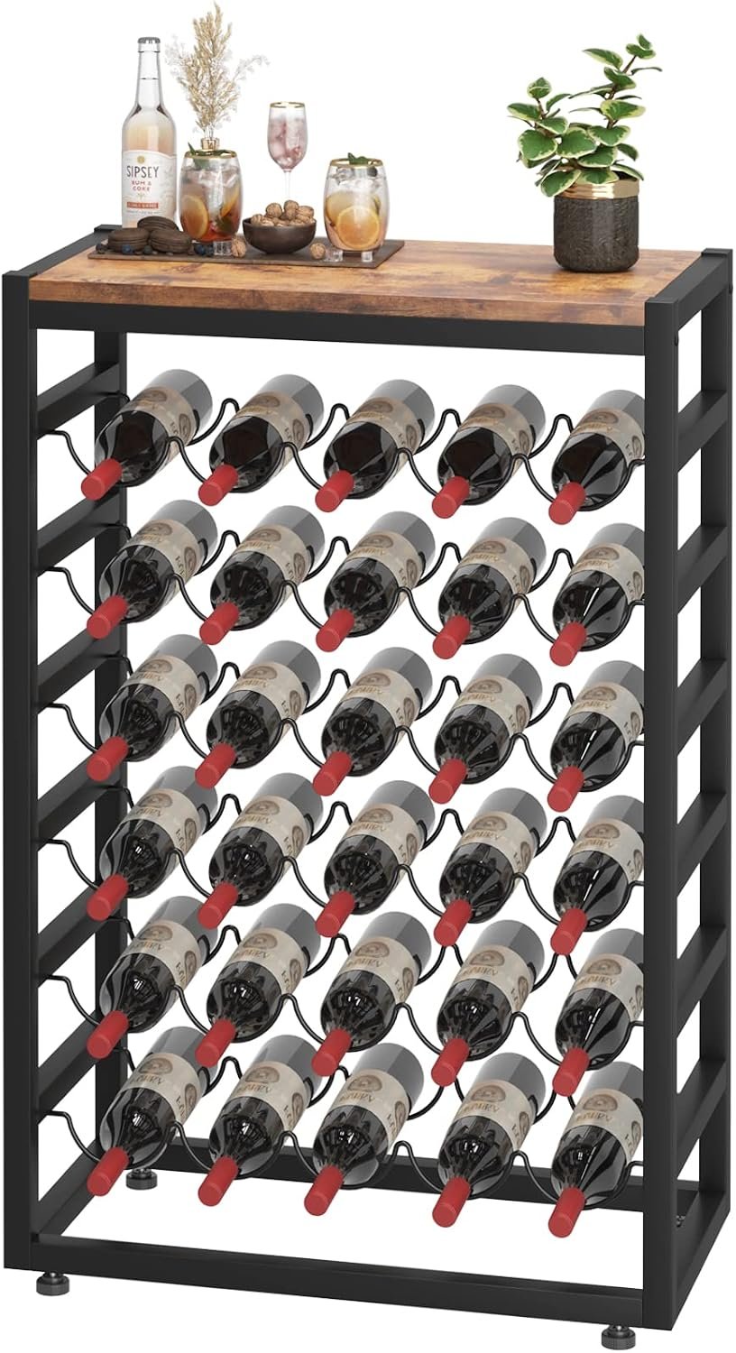 Dripex 30 Bottles Wine Rack Free Standing Floor, 6-Tier Display Wine Storage Shelves with Wooden Table Top, Sturdy Metal Bottle Holder for Kitchen Bar Pantry 23.2”L x 11.8”W x 34.7”H