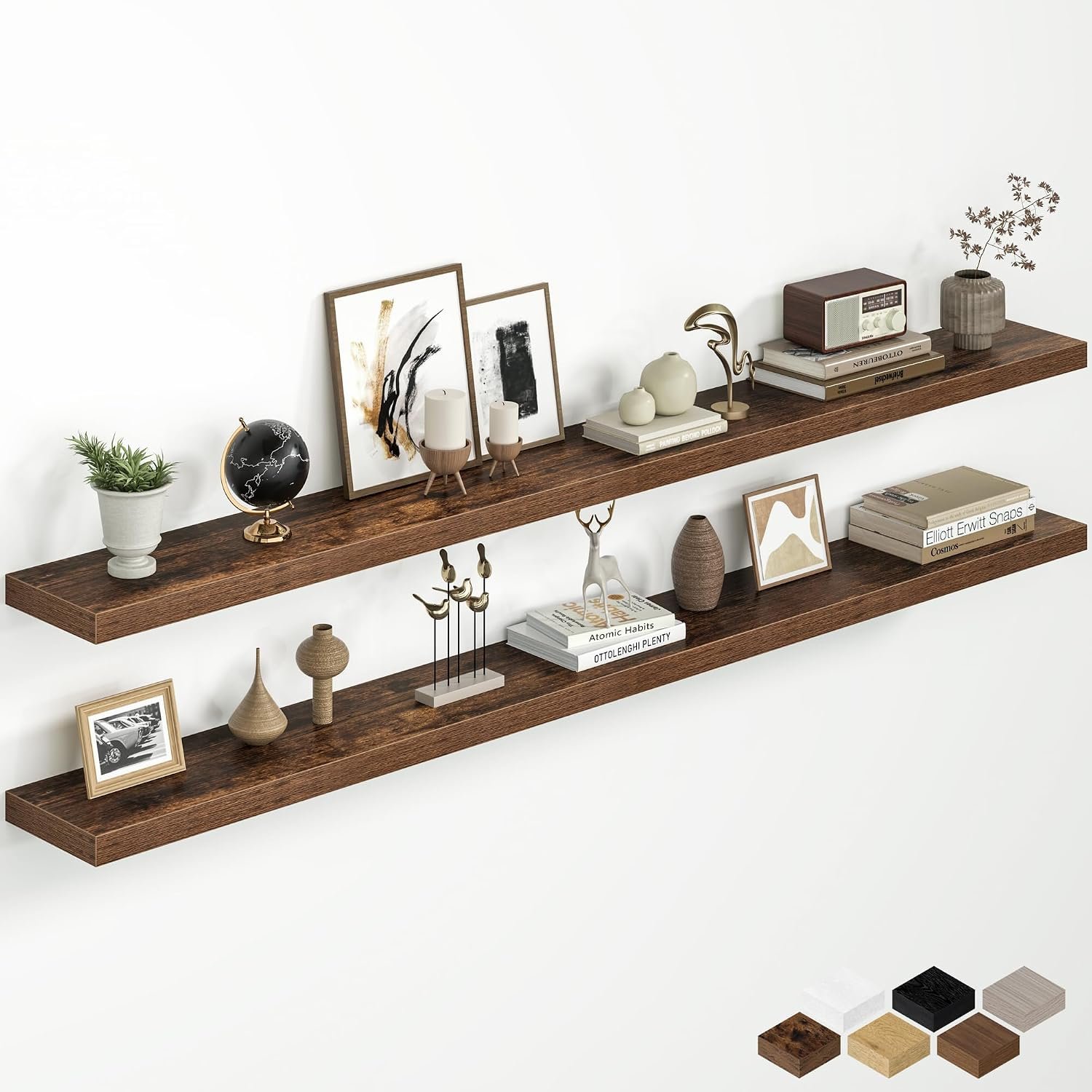 72 Inch Floating Shelves for Wall, Rustic Wood Wall Mounted Deep Storage Shelves with Invisible Brackets, Panoramic Decorative Display Ledge for Living Room Bedroom and Kitchen, Set of 2, Rustic Brown