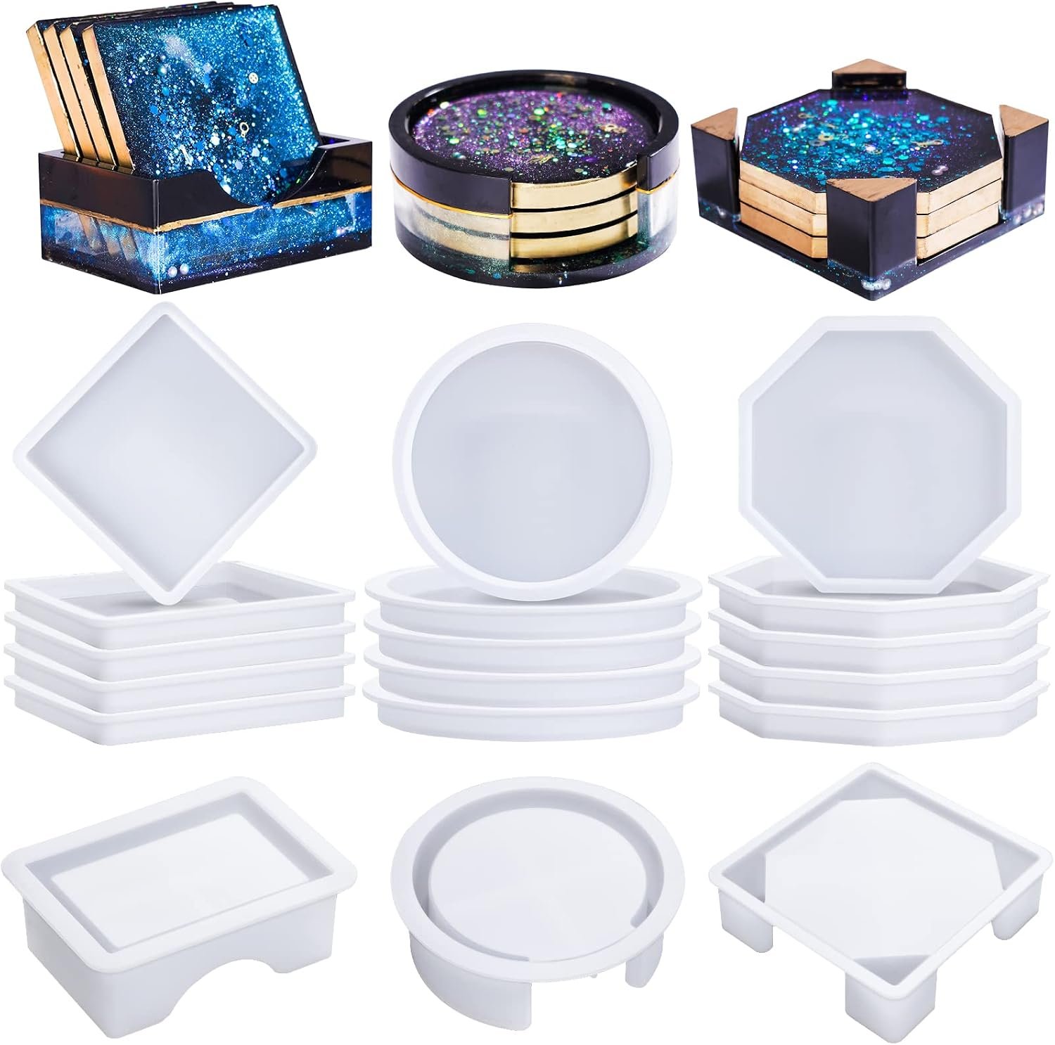 LET’S RESIN 18 Pcs Coaster Resin Molds Silicone, Coaster Molds | with Round Square Octagon Shape Holder Molds for Epoxy Resin, DIY Art Craft Cup Mats